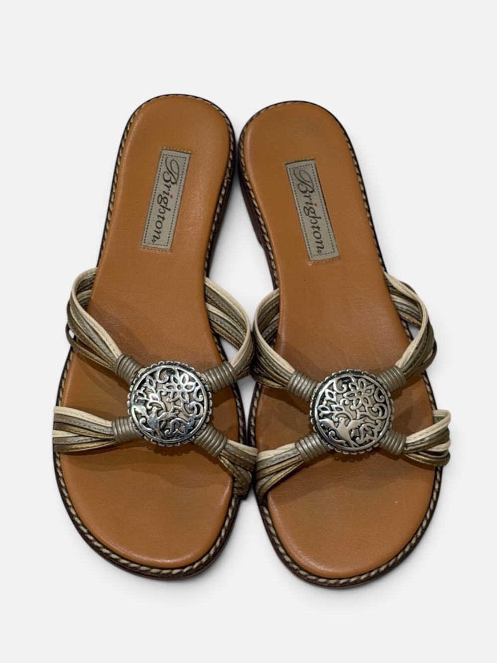 Brighton Ornate Gold Bronze Silver Leather Slide Sandals Size 8.5